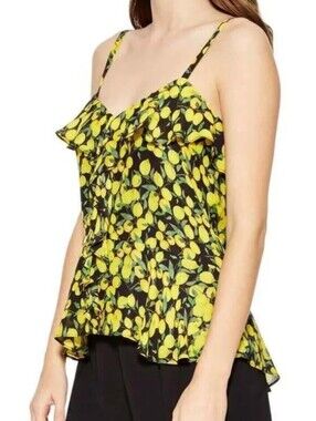Parker Silk Blend Lemon Print On Black Ruffle Cami Blouse, Size Small